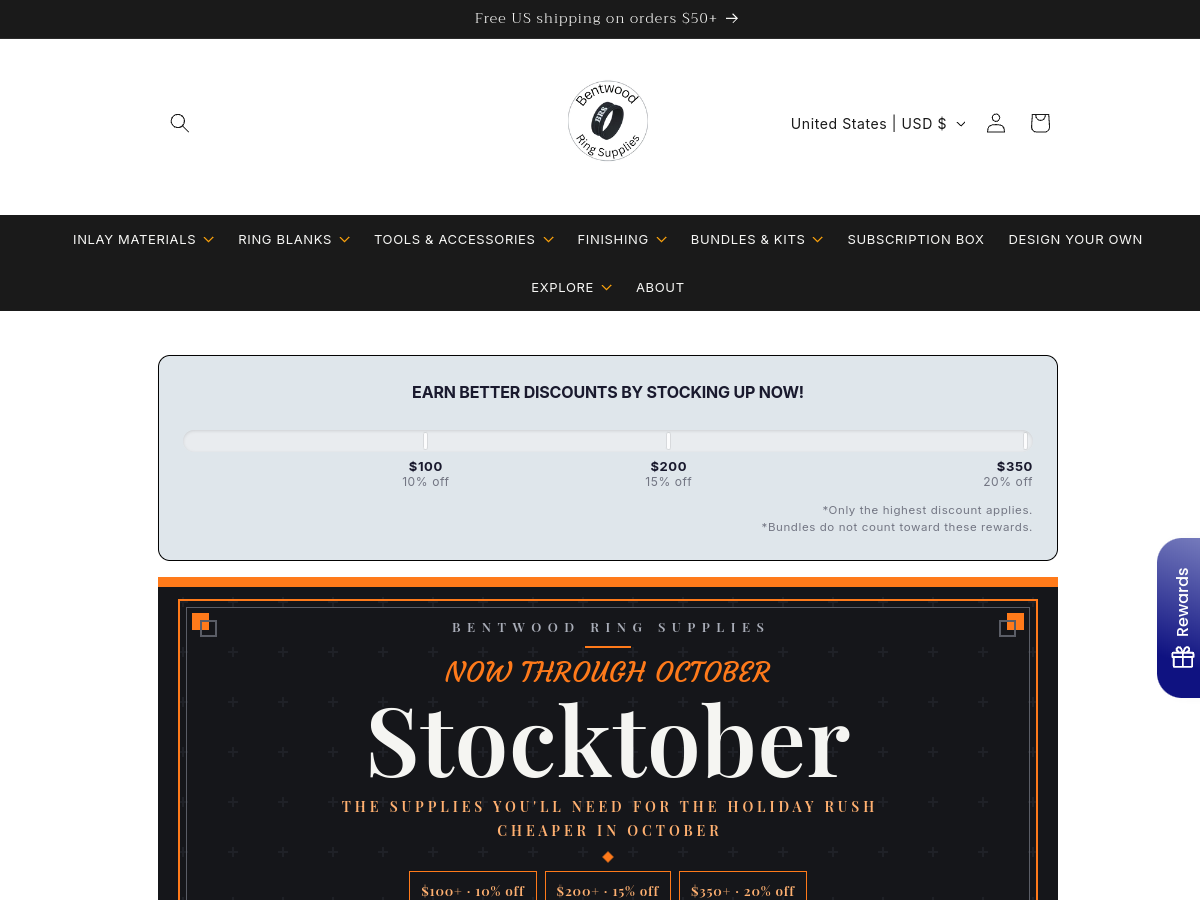 Screenshot of the Bentwood Ring Supplies storefront